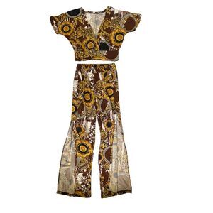 Plunging Neckline Crop Top & Pants with Side Slit Circle Print Brown Gold Med